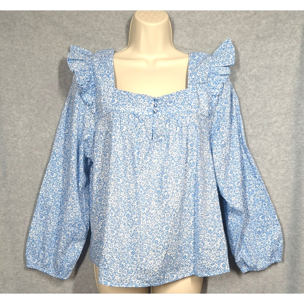 New J.Crew Top Blouse XL Square Neck Lg Sleeve Ruffle Blue Petite Floral Preppy
